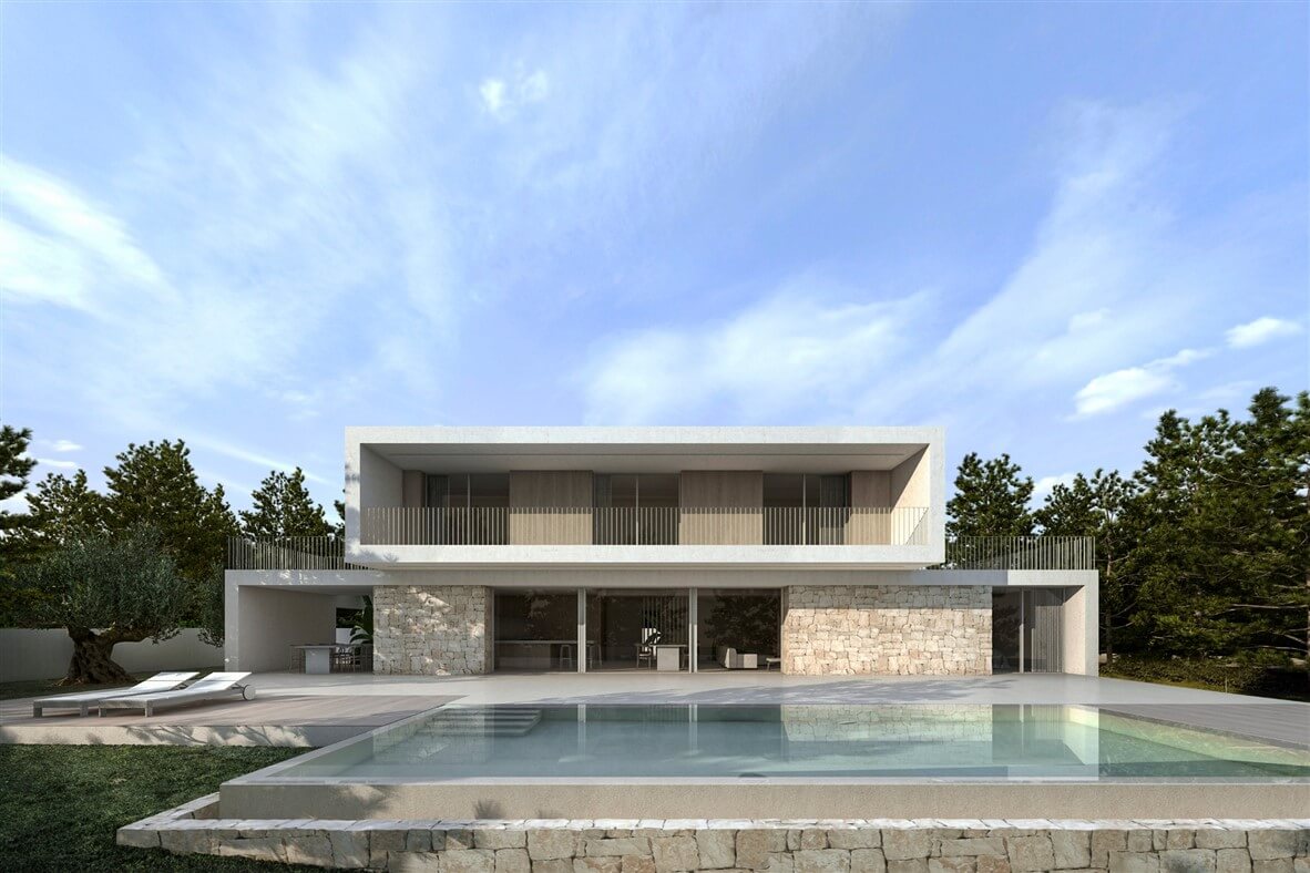 Modernes Haus mit Blick auf den Felsen in der Nähe des Strandes La Fustera